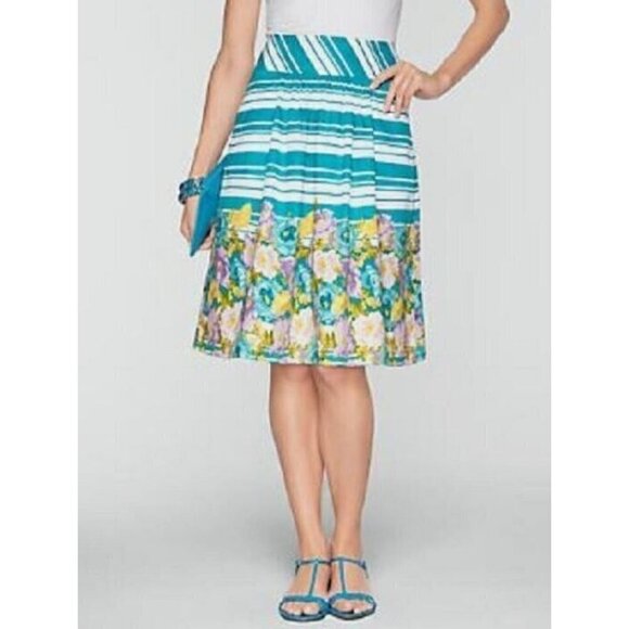 Talbots Dresses & Skirts - Talbots Skirt Womens 16 Aqua Blue Striped Floral Border Full Pleated Flirty Boho